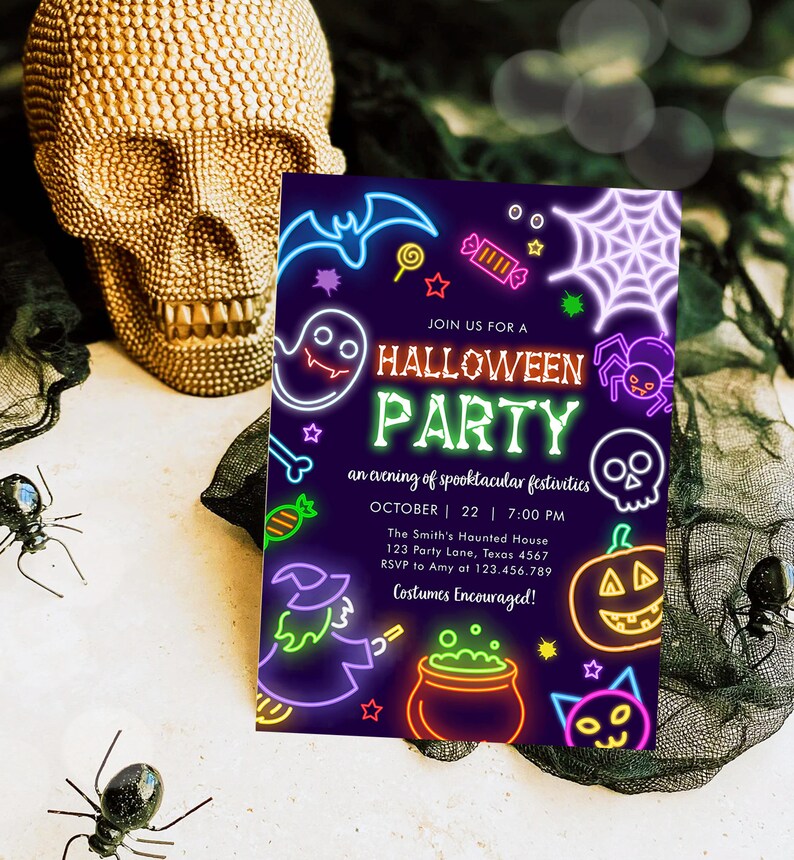 May include: A Halloween party invitation with neon-style illustrations of a ghost, bat, spiderweb, pumpkin, and witch on a dark purple background. The invitation includes the text "Halloween Party" and event details.