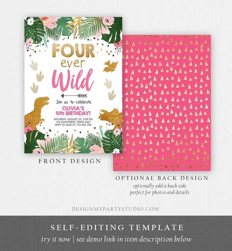 Editable Four Ever Wild Birthday Invitation Dinosaur Dino ...