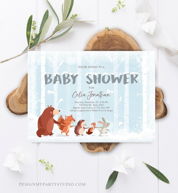 Editable Winter Woodland Baby shower invitation Boy Blue Forest Animals Bear Snowflakes Invite Rustic Template Download Digital Corjl 0040 Il_570xn