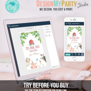May include: Editable thank you card template with a red barn, green leaves, and farm animals. The text says "Thank you for coming. Love, Mason".