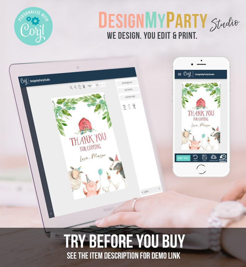 May include: Editable thank you card template with a red barn, green leaves, and farm animals. The text says "Thank you for coming. Love, Mason".