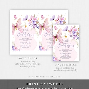 K&ouml;nnte beinhalten: Eine druckbare Babyparty-Einladung mit einem rosa und violetten Aquarellhintergrund mit Schmetterlingen und Blumen. Der Text lautet "A little butterfly is on the way" und enth&auml;lt den Namen "Ashley Smith".