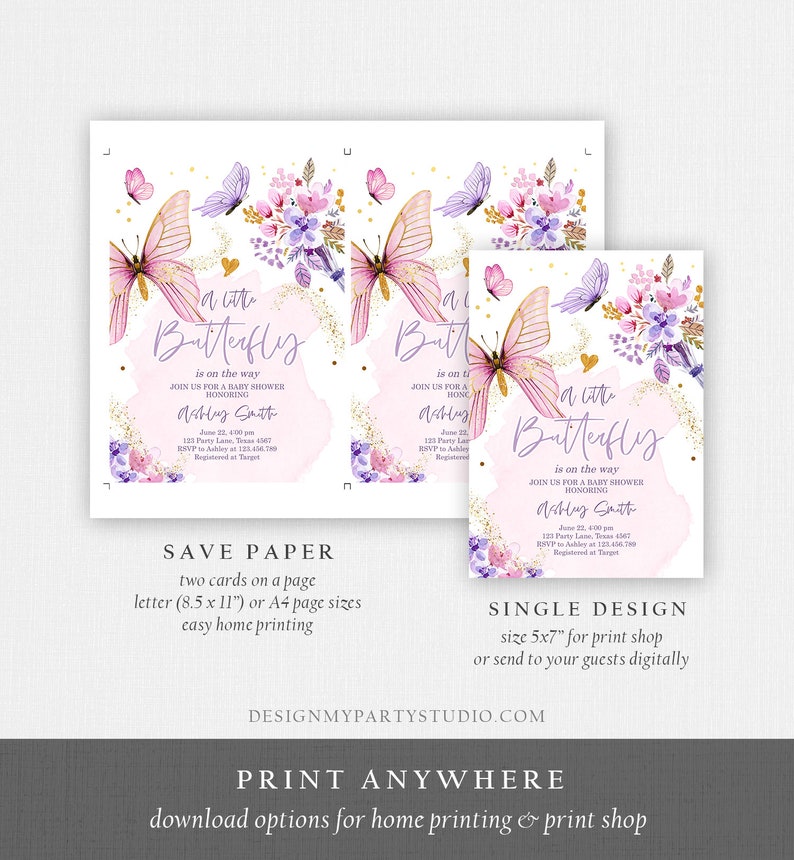 K&ouml;nnte beinhalten: Eine druckbare Babyparty-Einladung mit einem rosa und violetten Aquarellhintergrund mit Schmetterlingen und Blumen. Der Text lautet "A little butterfly is on the way" und enth&auml;lt den Namen "Ashley Smith".