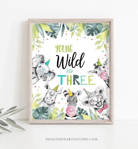 Young Wild and Three Birthday Sign Party Third Birthday 3rd Safari Animals Party Animals Zoo Boy Blue Green Decor Download Printable 0322 Il_570xn