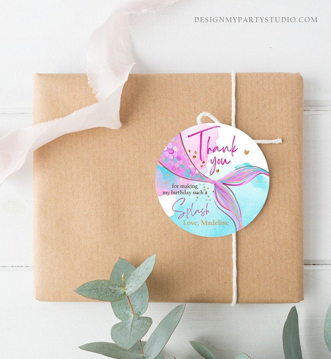 Editable Mermaid Birthday Favor Tags Under the Sea Thank You Stickers ...