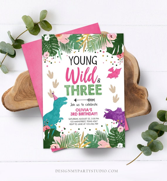 Editable Young Wild and Three Birthday Invitation Dinosaur Dino Party Girl 3rd Third Birthday Pink Purple Corjl Template Printable 0388 Il_570xn