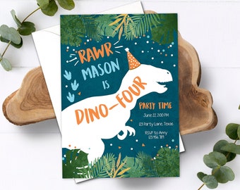 Editable Dino-Four Dinosaur Birthday Invitation Dino T-Rex Boy Fourth Birthday 4th RAWR ROAR Blue Orange Prehistoric Corjl Template 0378