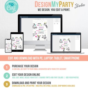 May include: A digital mockup of a printable party invitation featuring a colorful illustration of animals with the text "Coming to all Party Animals" and "Olivia is turning 3". The image shows a computer screen, laptop, tablet, and smartphone, all displaying the same invitation. The text "DesignMyParty Studio" is at the top of the image, and the text "We Design. You Edit & Print." is below it. The image also includes three numbered steps: "Purchase Your Design", "Edit Your Design Online", and "Download and Print Your Design".