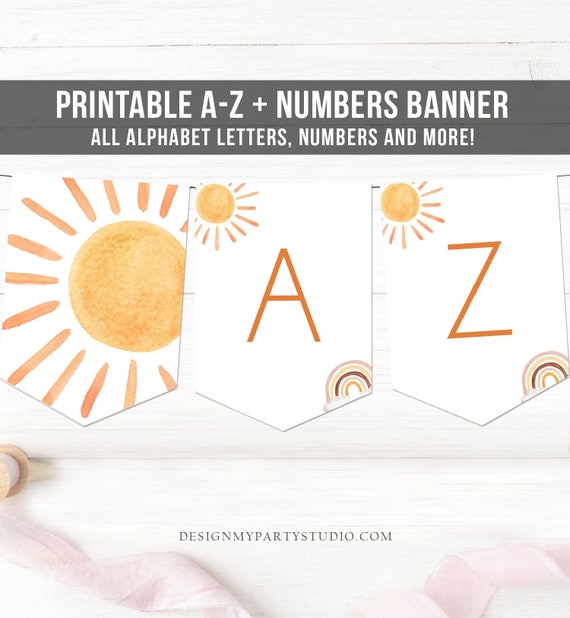 Sunshine Birthday Banner A-Z Alphabet Numbers Banner First Happy Birthday Banner Sun Decor Trip Around the Sun Party Download Printable 0431 Il_570xn