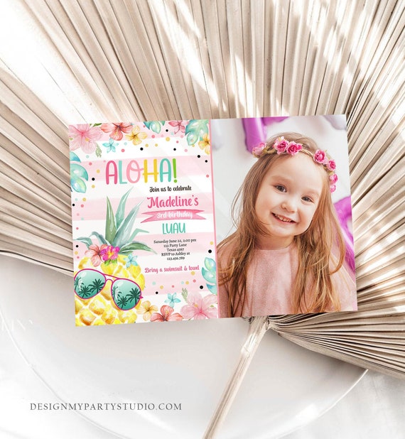 Editable Hawaiian Luau Birthday Invitation Pineapple Birthday Party