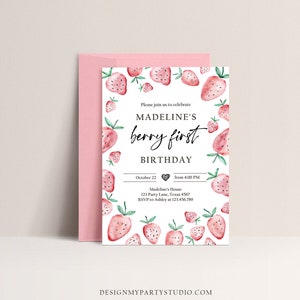May include: A pink and green watercolor strawberry birthday invitation for a first birthday party. The invitation says "Please join us to celebrate Madeline's berry first birthday. October 22 from 4:00 PM. Madeline's House 123 Party Lane, Texas 4567. RSVP to Ashley at 123.456.789. DesignMyPartyStudio.com"