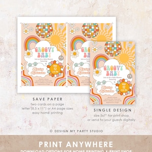 May include: Groovy Baby baby shower invitation with a rainbow, disco ball, and flowers on a peach background. The text says "Groovy Baby" and includes the date and time of the shower. The invitation is available in two sizes: 8.5 x 11 inches for home printing or 5x7 inches for print shops.