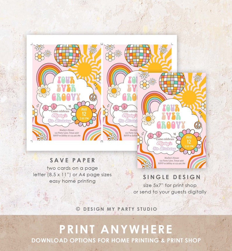 Editable Four Ever Groovy Birthday Invitation 4th Birthday Retro ...