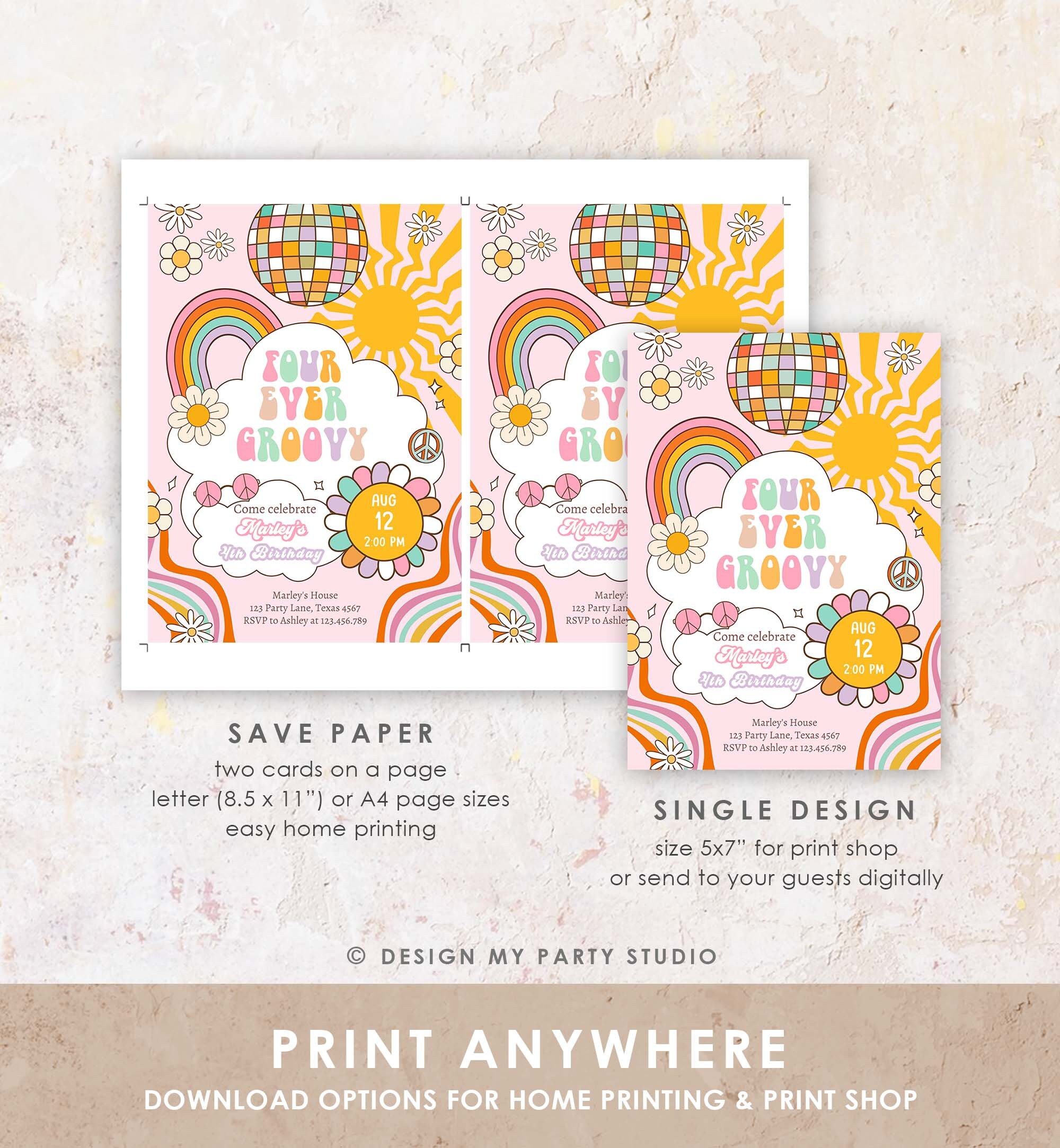 Editable Four Ever Groovy Birthday Invitation 4th Birthday Retro ...
