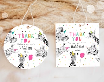 Editable Party Animals Favor tags Wild One Animals Thank you tag Safari Animals Zoo Birthday Wild Time Stickers Zoo Template Corjl 0390