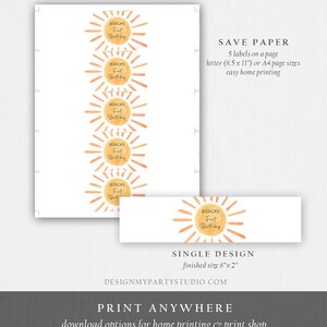 Puede incluir: Etiquetas imprimibles con un dise&ntilde;o de sol y el texto "Jessica's First Birthday". Las etiquetas est&aacute;n dise&ntilde;adas para una f&aacute;cil impresi&oacute;n en casa y miden 20,3 cm por 5,1 cm.