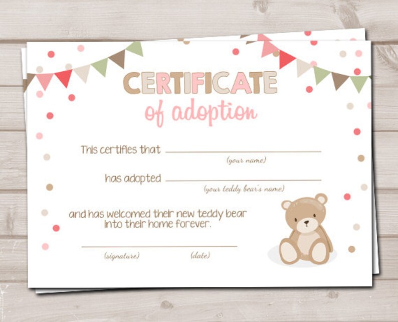 Teddy Bear Adoption Certificate Teddy Bear Birthday Teddy Bear | Etsy