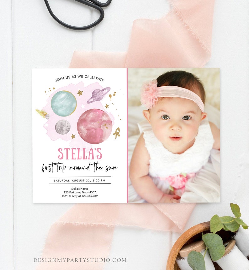 Editable Outer Space Girl First Birthday Invitation Galaxy Blast Off First Trip Around the Sun Pink Download Printable Template Corjl 0357 image 3