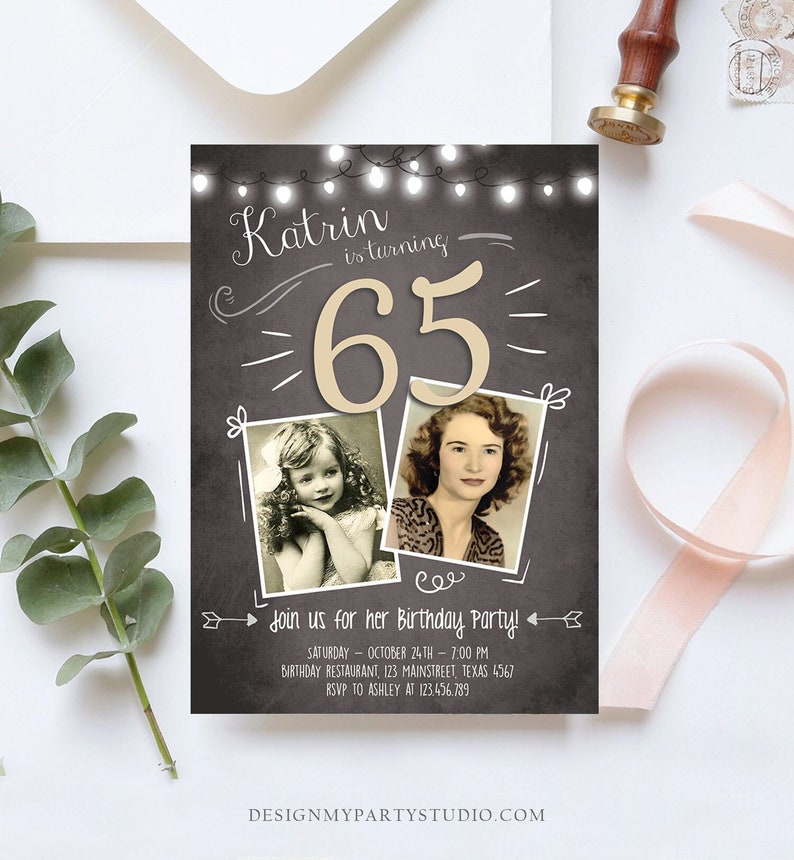 Editable 65th Birthday Invitation ANY AGE Chalkboard Rustic Adult Sixty Fifth Photo Vintage Sapphire Jubilee Anniversary Corjl Template 0230 image 1