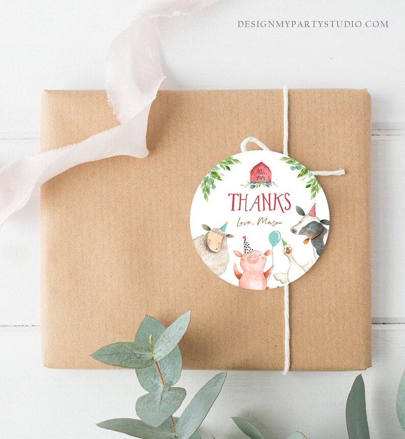 May include: Round thank you sticker with a red barn, green leaves, a pig, a sheep, a cow, and a goose. The sticker says "Thanks" and "Love, Mason".