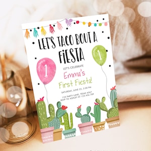 Editable Taco Bout a Fiesta Birthday Invitation ANY AGE Cactus Succulent 1st First Birthday Party Mexican Girl Pink Corjl Template 0254