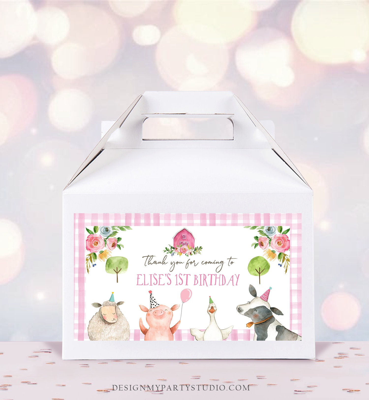 Editable Farm Animals Gable Gift Box Label Pink Farm Birthday - Etsy