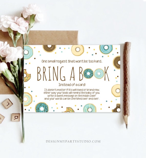 Editable Donut Bring a Book Card Boy Blue Baby Shower Sprinkle Book Insert Books for Baby Book Request Doughnut Download Corjl Template 0050 Il_570xn