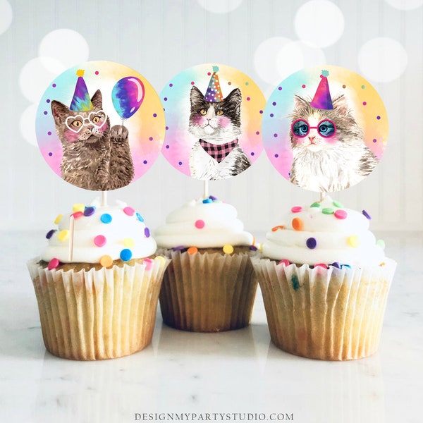 Cats Cupcake Toppers Cat Favor Tags Birthday Kitten Pink Girl Party Animals Kittens Birthday Decor Download Digital PRINTABLE 0460