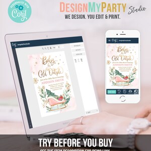May include: A laptop and smartphone displaying a baby shower invitation design. The invitation features the text "Baby it's Cold Outside" with a pink and gold color scheme, a sleigh, and a Christmas tree. The image also includes the text "TRY BEFORE YOU BUY".