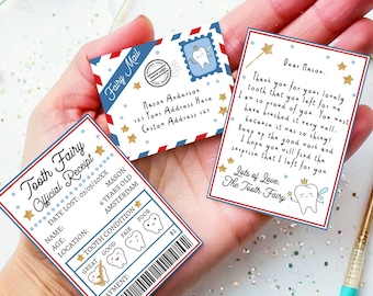 Editable Mini Tooth Fairy Set Receipt and Letter with Envelope Tooth Fairy Kit Lost Tooth Fairy Note Boys Digital Template Printable 0526