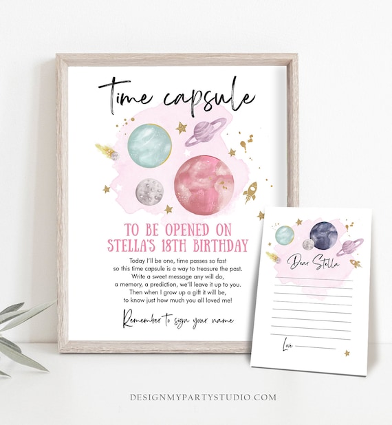Editable Outer Space Time Capsule First Birthday Party Astronaut Rocket Space Girl Pink Moon Planets Guestbook Template Printable Corjl 0357 By Design My Party Studio Catch My Party