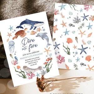Editable Dive Into Five Birthday Invitation Nautical 5th Birthday Under The Sea Invite Ocean Animals Download Printable Corjl Template 0504
