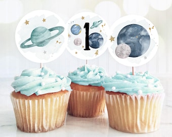 Weltraum Geburtstag Cupcake Toppers Erste Reise um die Sonne Favor Tags Weltraum Geburtstag Planeten Galaxie Download Digital DRUCKBAR 0357