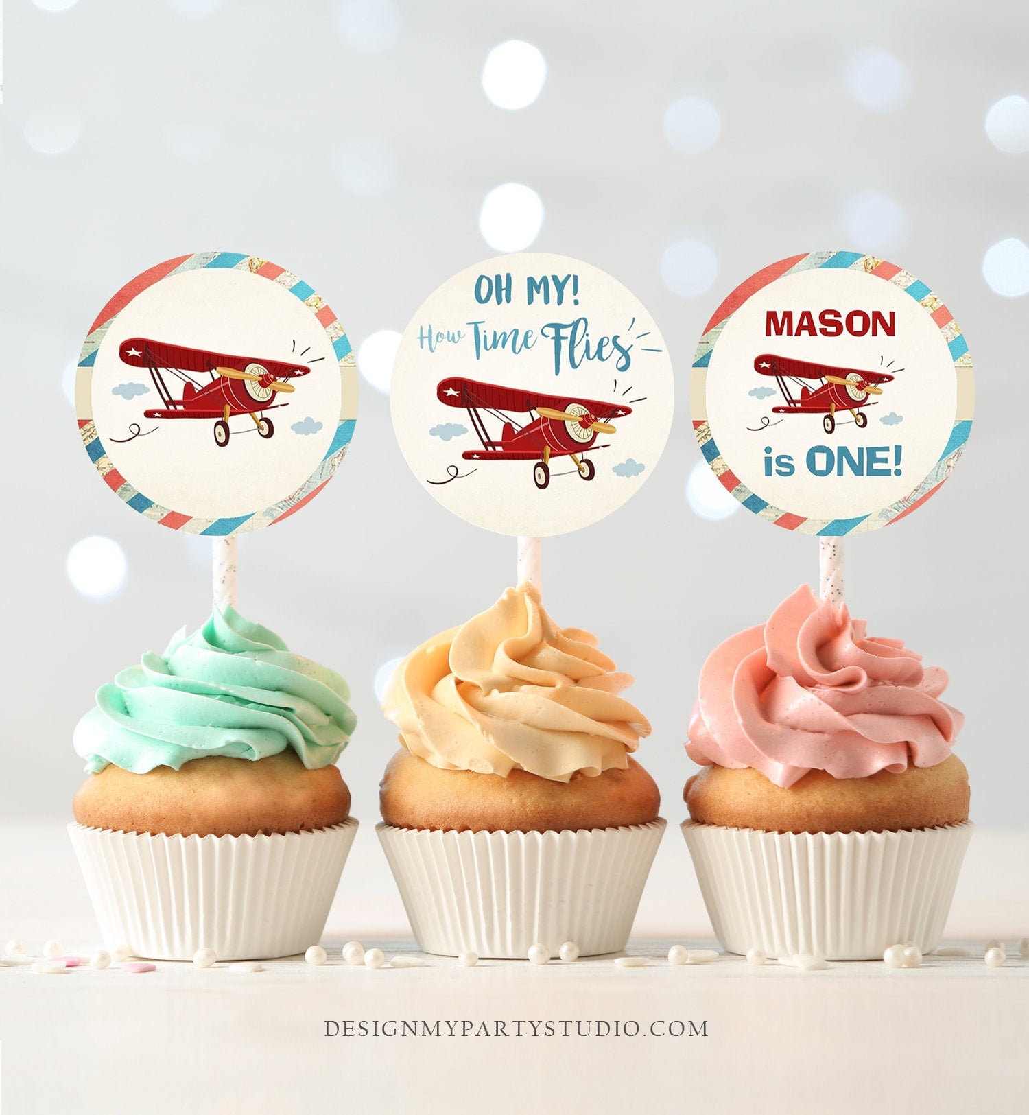 Editable Airplane Cupcake Toppers Birthday Party Round Etsy