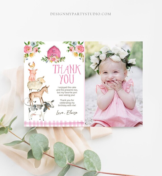 Editable Farm Animals Thank you Card Pink Farm Birthday Girl Barnyard Thank You Card Birthday Template Instant Download Corjl 0155 Il_570xn