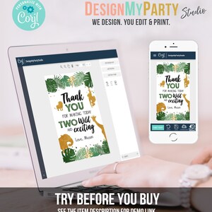May include: A laptop and smartphone display a party invitation design. The invitation features a jungle theme with gold animal silhouettes, green foliage, and the text "Thank You for making today TWO Wild and exciting." The design is from DesignMyParty Studio.