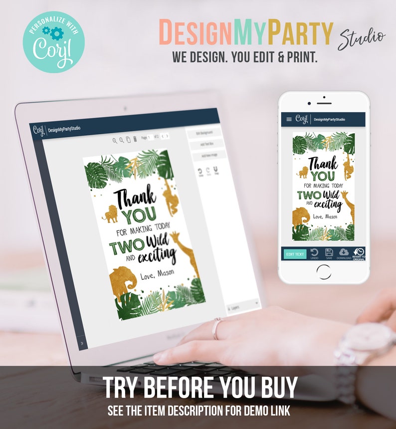 May include: A laptop and smartphone display a party invitation design. The invitation features a jungle theme with gold animal silhouettes, green foliage, and the text "Thank You for making today TWO Wild and exciting." The design is from DesignMyParty Studio.