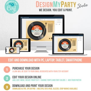 May include: A computer screen shows a customizable party invitation template with a retro record design. The invitation features a black record with a red and white "Let's Party!" banner and the text "Jacob is turning 5". The text "Edit and Download with PC, Laptop, Tablet, Smartphone" is displayed below the screen.