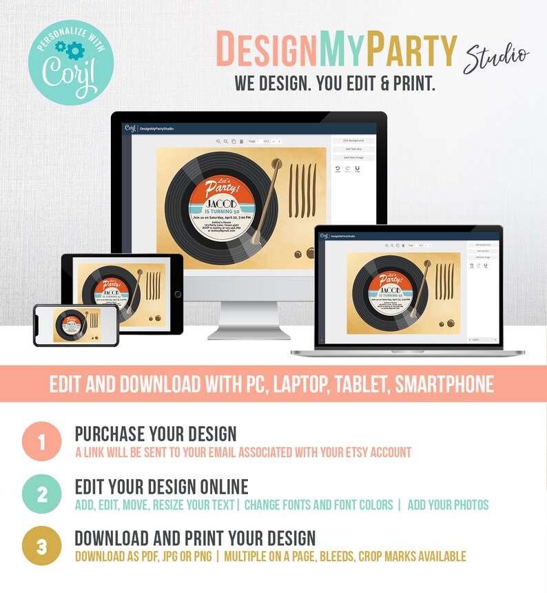 May include: A computer screen shows a customizable party invitation template with a retro record design. The invitation features a black record with a red and white "Let's Party!" banner and the text "Jacob is turning 5". The text "Edit and Download with PC, Laptop, Tablet, Smartphone" is displayed below the screen.