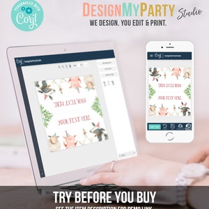 May include: A computer screen and a mobile phone show a design template for a printable party favor tag. The tag features a watercolor illustration of farm animals wearing party hats. The text on the tag says "YOUR TEXT HERE".