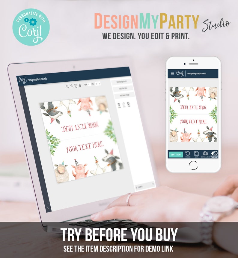 May include: A computer screen and a mobile phone show a design template for a printable party favor tag. The tag features a watercolor illustration of farm animals wearing party hats. The text on the tag says "YOUR TEXT HERE".