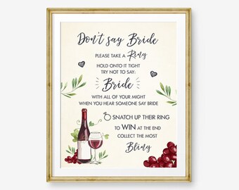 Don't Say Bride Wine Tasting Bridal Shower Game Wineyard Bottle Grapes Sign Take a Ring Game Shower Games Instant Download PRINTABLE 0234