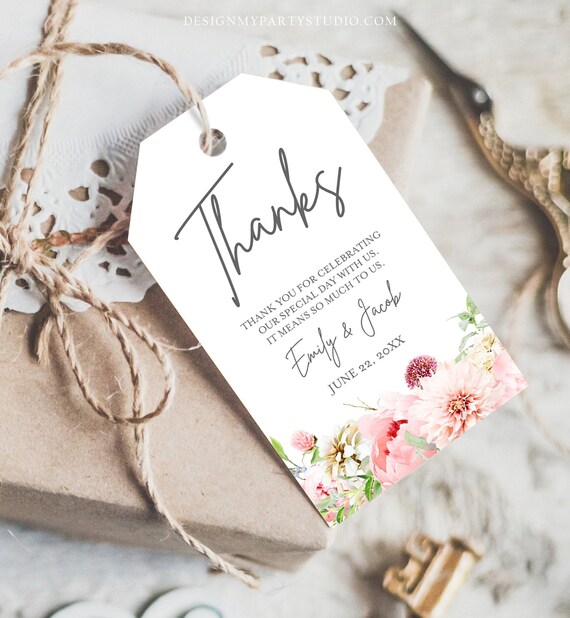 Editable Botanical Flowers Favor Tag Thank You Tags Bridal Shower Wedding Pink Flowers Foliage Greenery Peony Corjl Template Printable 0167 Il_570xn