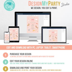 May include: A pink and white printable invitation with a farm theme. The invitation features a barn, animals, and the text "We'd like to invite you to celebrate Madeline's 3rd Birthday".