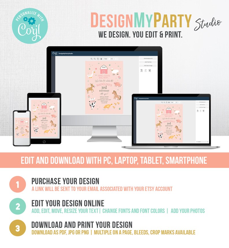 May include: A pink and white printable invitation with a farm theme. The invitation features a barn, animals, and the text "We'd like to invite you to celebrate Madeline's 3rd Birthday".