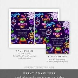 May include: Halloween party invitations with a neon design. The invitations feature the text "LIGHTS OUT FRIGHTS OUT" with spooky illustrations of ghosts, bats, and pumpkins. Includes party details and printing options.