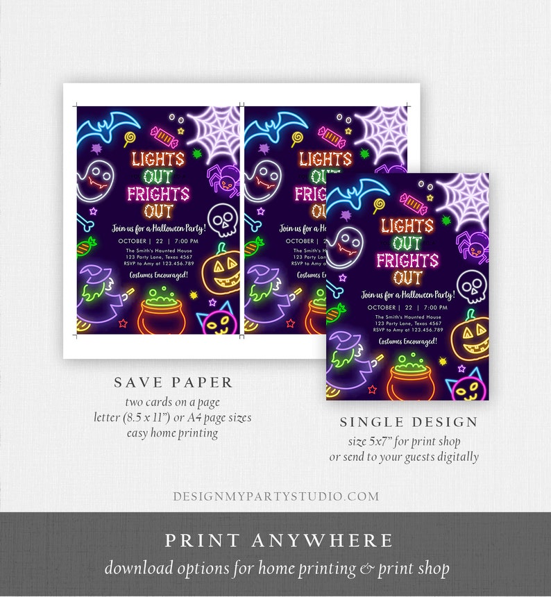 May include: Halloween party invitations with a neon design. The invitations feature the text "LIGHTS OUT FRIGHTS OUT" with spooky illustrations of ghosts, bats, and pumpkins. Includes party details and printing options.
