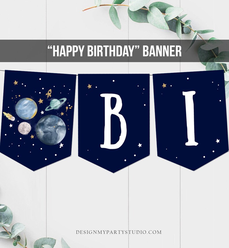 May include: A navy blue banner with white letters spelling "Happy Birthday" with a space theme. The banner features planets, stars, and a rocket ship.