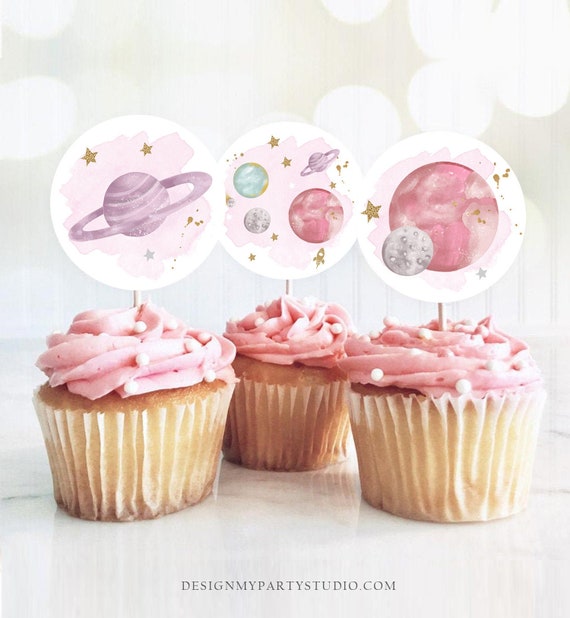 Outer Space Birthday Cupcake Toppers First Trip Around the Sun Favor Tags Space Birthday Planets Galaxy Girl Pink Digital PRINTABLE 0357 Il_570xn