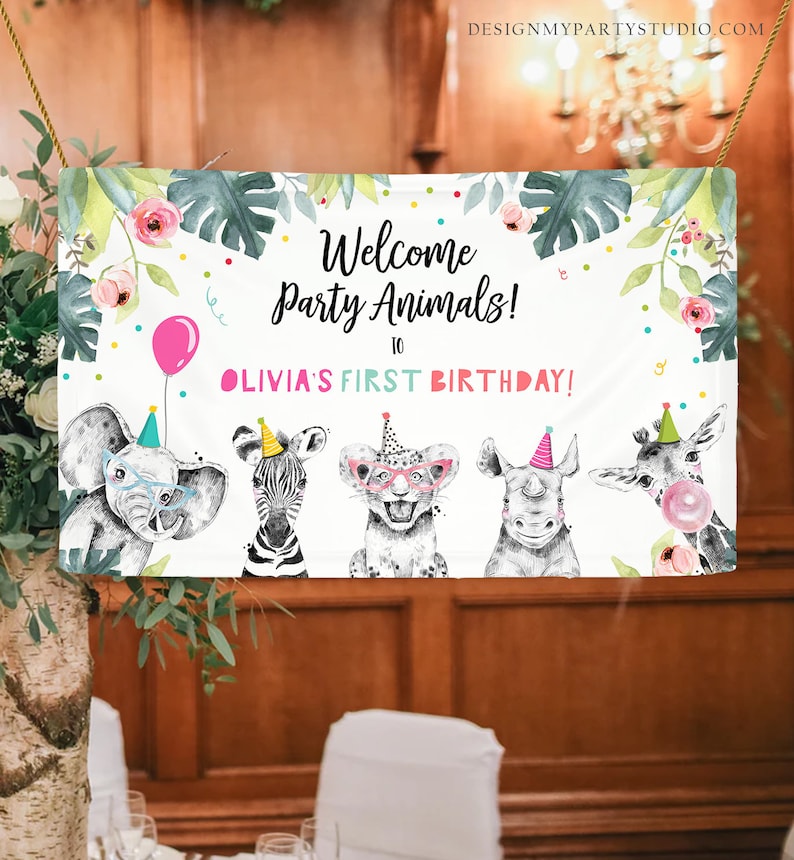 Editable Party Animals Birthday Backdrop Banner Welcome Safari Animals Girl Pink First Birthday Sign Download Corjl Template Printable 0322 image 1